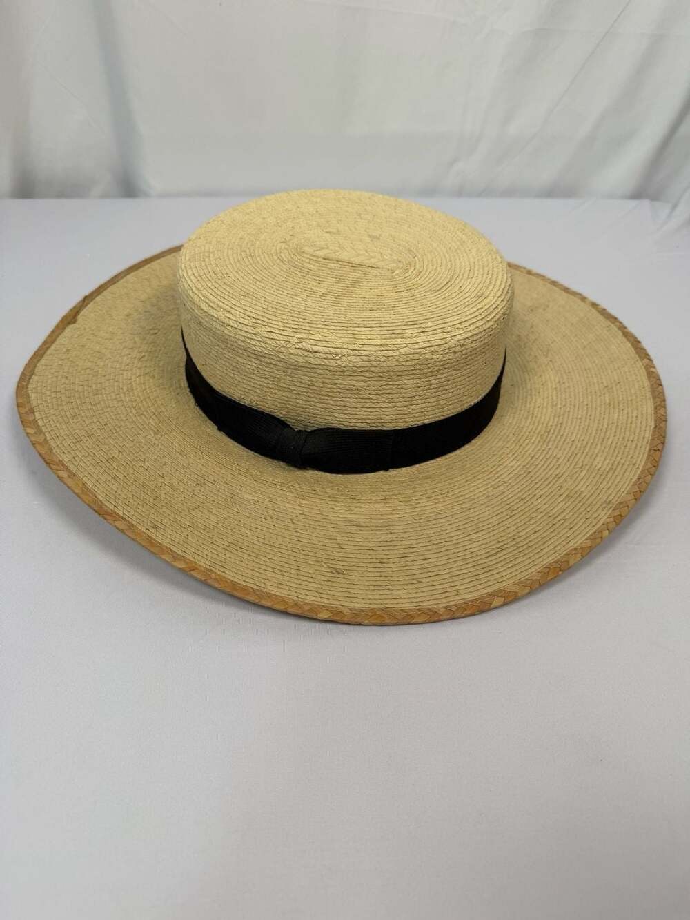 J. Tula Straw Boater Hat with Black Ribbon Band